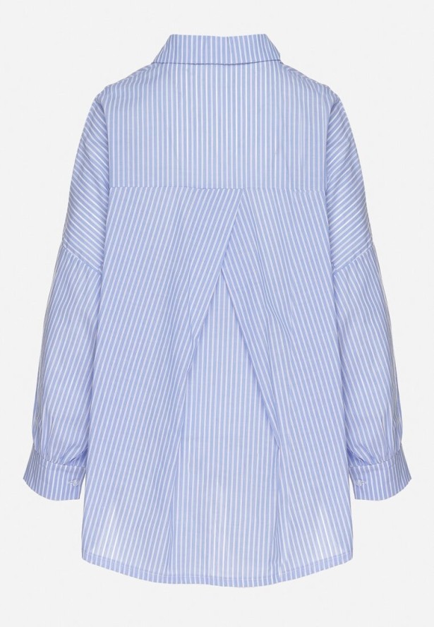 Jasnoniebieska Bawełniana Koszula Oversize w Paski ze Ściągaczem Elineola
