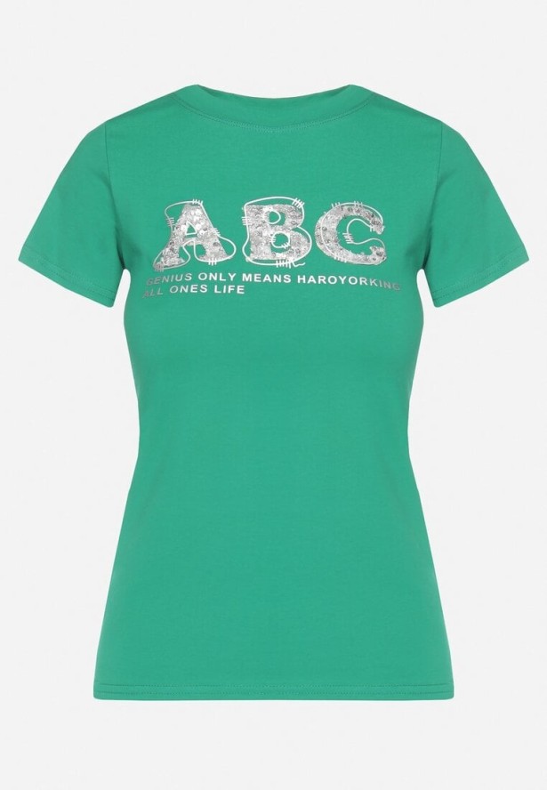 Ciemnozielony T-shirt Bawełniany z Naszywką i Cekinami Olisaria