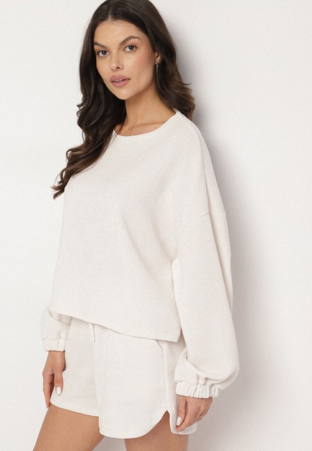 Jasnobeżowy Dzianinowy Komplet Bluza i Szorty Novanisa