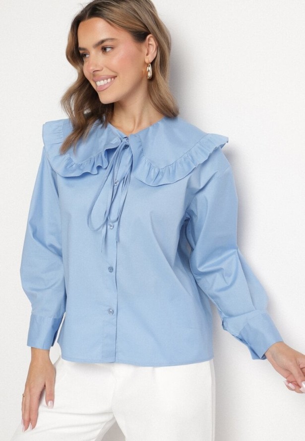 Niebieska Bawełniana Koszula Retro z Ozdobnym Kołnierzykiem i Wiązaniem Ravselina