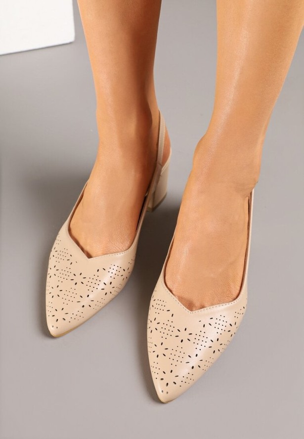 Ciemnobeżowe Ażurowe Sandały Vices na Obcasie Bez Pięty ze Skórzaną Wkładką Atirione