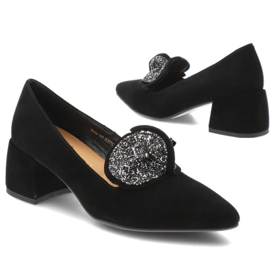 Czółenka damskie S. Barski, na klocku zamszowe z ozdobą i noskiem w szpic, czarne-srebrne, MR52-181