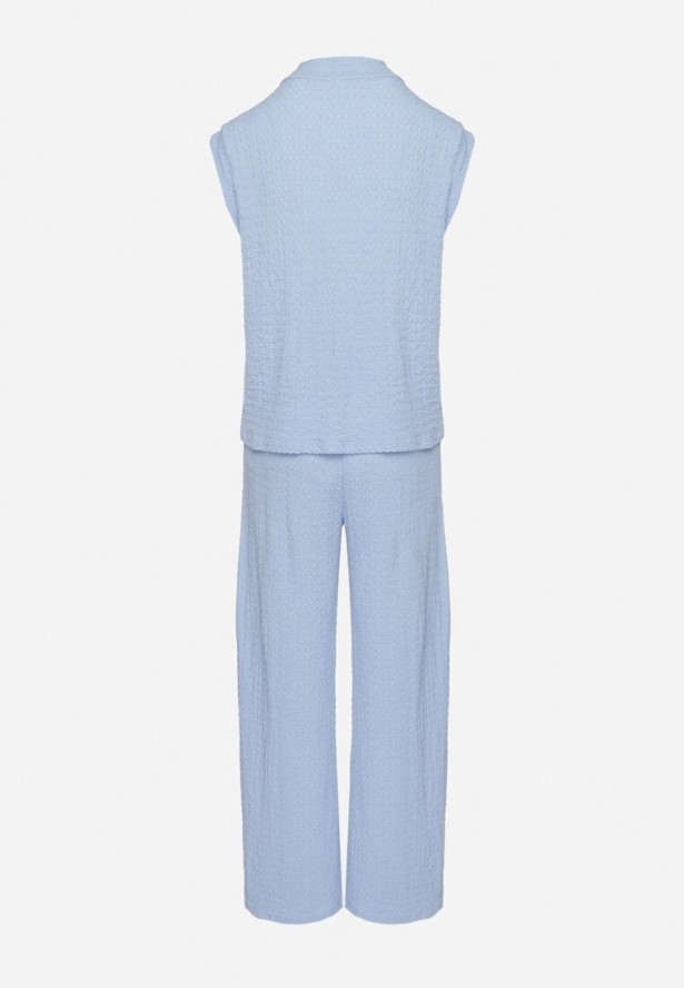 Niebieski Komplet Bluzka Bez Rękawów Zdobiona Broszkami i Szerokie Spodnie Sadaniae