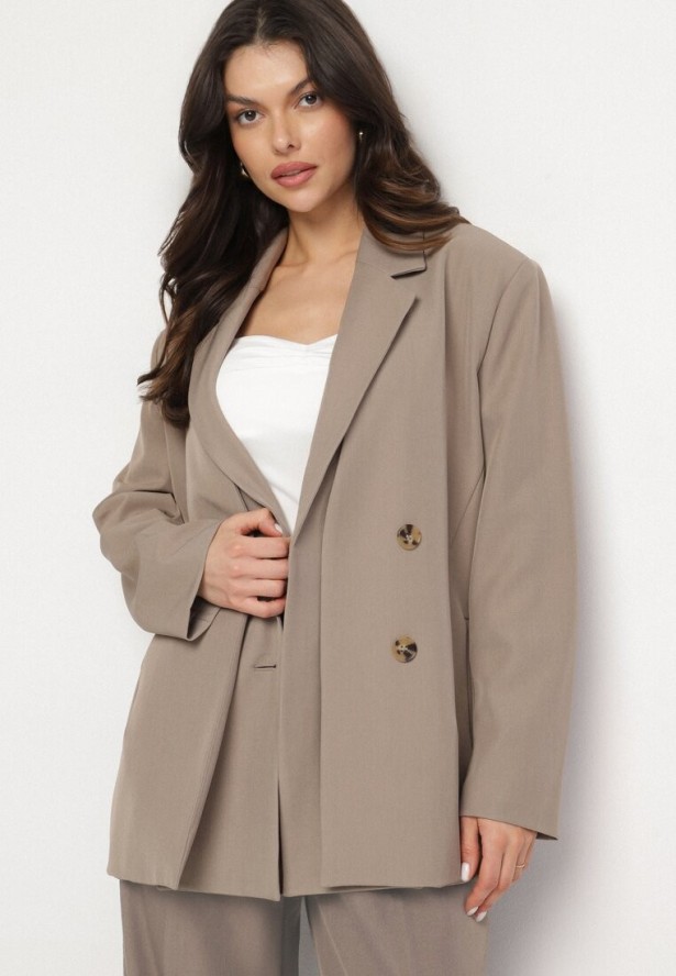 Beżowa Dwurzędowa Marynarka z Usztywnioną Linią Ramion Sonarilla