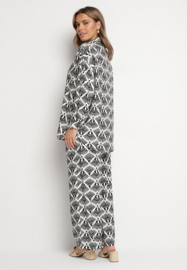 Czarny Komplet z Wiskozą w Etniczny Wzór Szerokie Spodnie i Koszula Elezaria