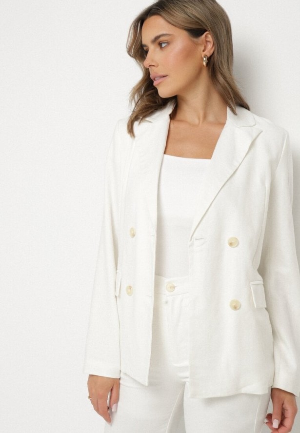 Biała Dwurzędowa Marynarka z Lnem Bawełną i Imitacją Kieszeni Fenarosa