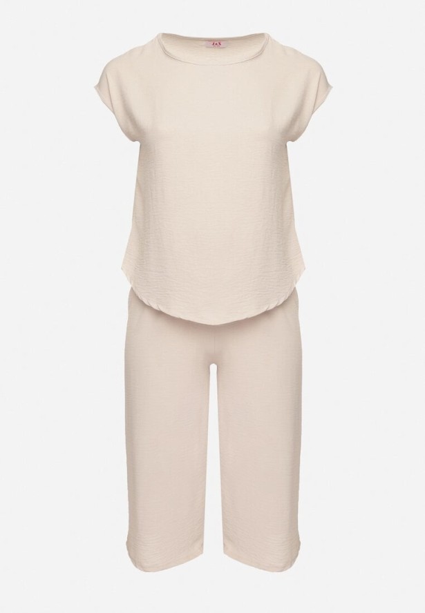 Jasnobeżowy Komplet Bluzka i Szerokie Spodnie Jenoretia
