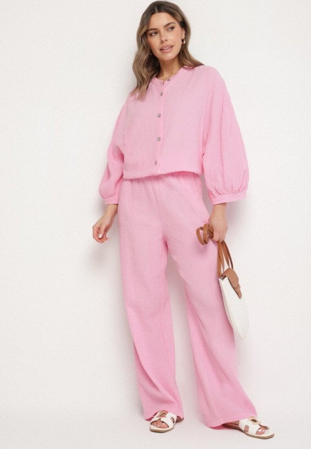 Różowy Muślinowy Komplet z Bawełny o Kroju Oversize Koszula i Szerokie Spodnie Ziselia