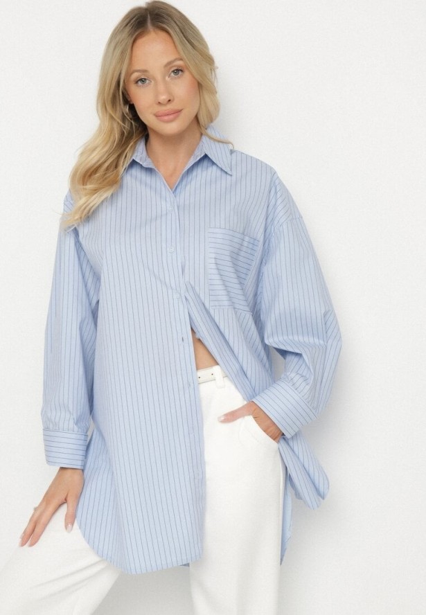 Jasnoniebieska Koszula z Bawełny w Paski Ozdobiona Kieszenią Halonila