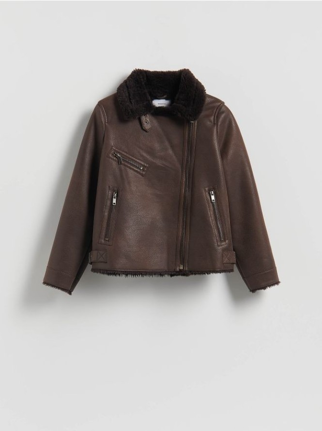 Kożuch z imitacji skóry - ciemnobrązowy