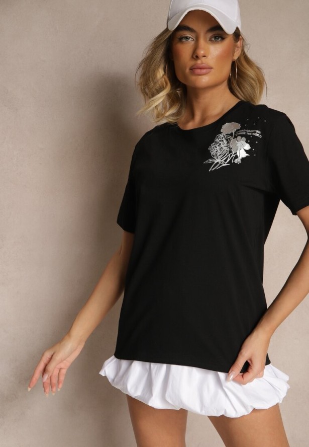 Czarny Bawełniany T-shirt z Ozdobnym Nadrukiem i Cyrkoniami Teomala