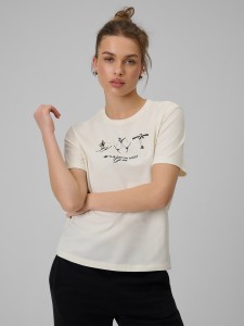 4F T-shirt regular z nadrukiem damski - beżowy S