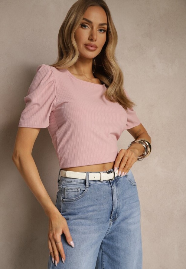 Różowy T-shirt z Prążkowanej Tkaniny z Zakładkami przy Rękawach Kolaniella