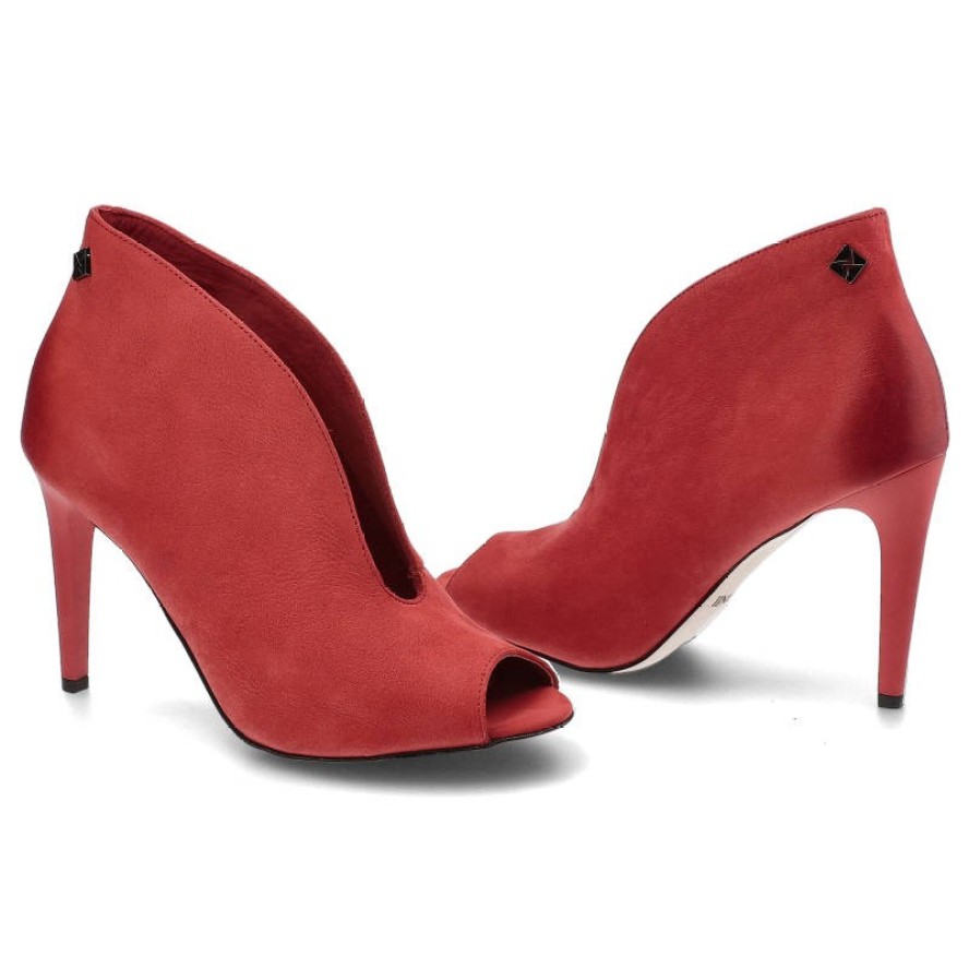 Czerwone Botki Carinii Eleganckie Skórzane Buty Na Obcasie