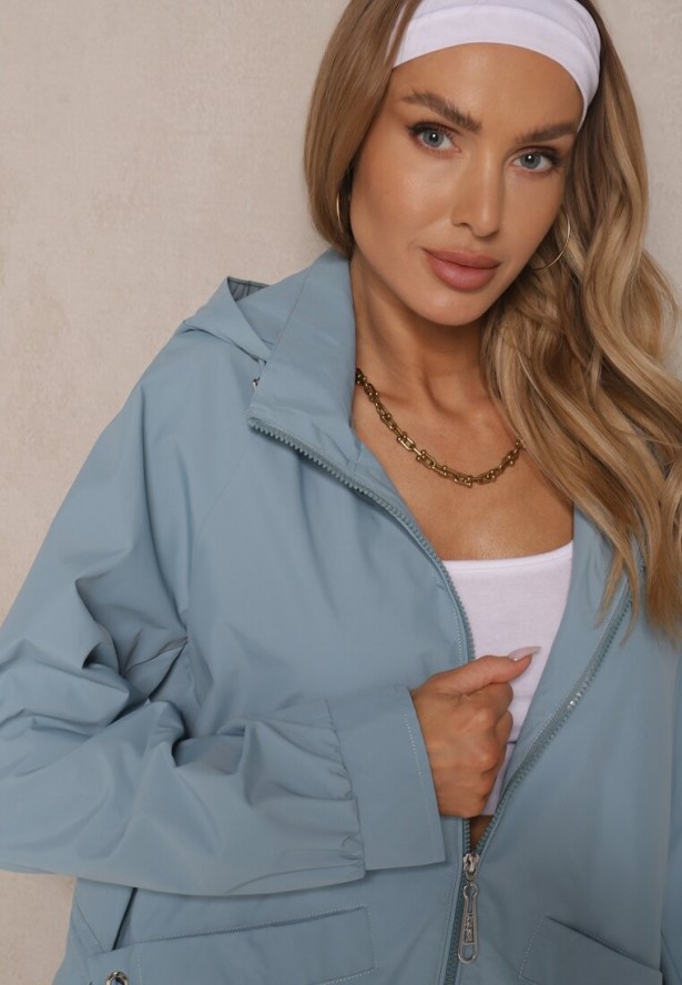 Niebieska Pudełkowa Kurtka o Kroju Parki ze Ściągaczem i Kapturem Sesailis