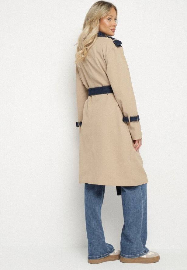 Niebieski Płaszcz Trencz z Bawełną Ozdobiony Jeansowymi Wstawkami Tirsedi