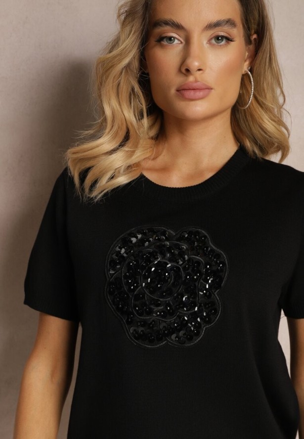 Czarna Bluzka z Wiskozy Ozdobiona Cekinami i Kryształkami Chaina