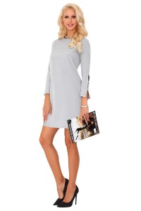 Szara Prosta Sukienka z Ozdobnym Rękawem