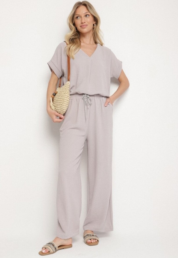 Jasnoszary Komplet z Wiskozą Koszulka z Krótkim Rękawem i Luźne Spodnie na Gumce z Kieszniami Efraline