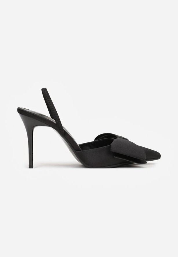 Czarne Satynowe Sandały na Szpilce z Odkrytą Piętą i Kokardą Shiriniana