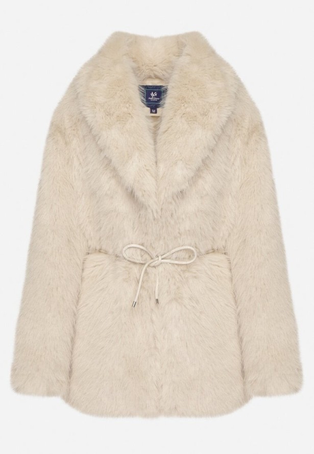 Beżowa Kurtka Futerko o Prostym Kroju z Cienkim Wiązanym Paskiem Casatte