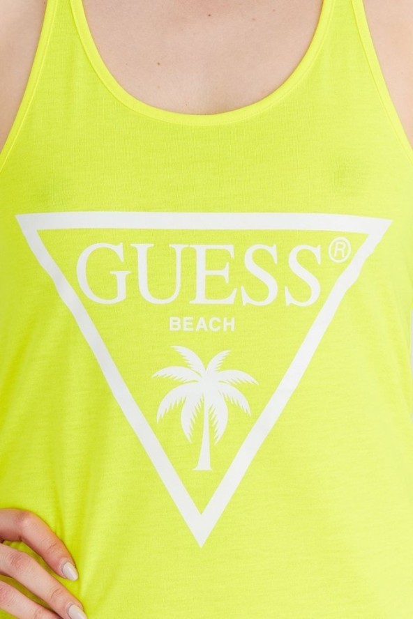 GUESS Żółta damska neonowa sukienka z trójkątnym logo na ramiączka, Rozmiar XS
