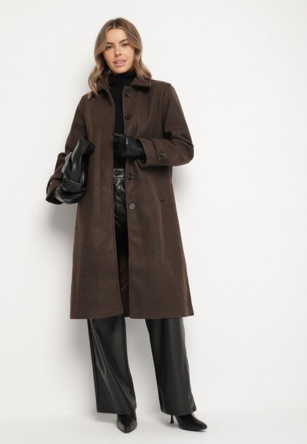 Brązowy Jednorzędowy Płaszcz z Wełną i Wiskozą w Stylu Trencza Lutila