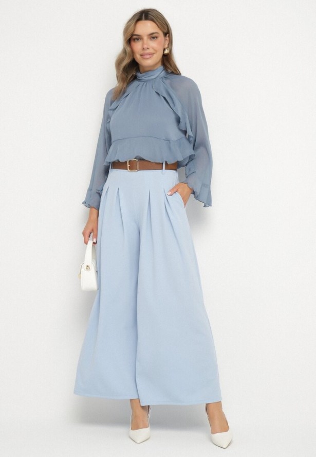 Jasnoniebieskie Szerokie Spodnie z Wysokim Stanem i Paskiem Rasalla