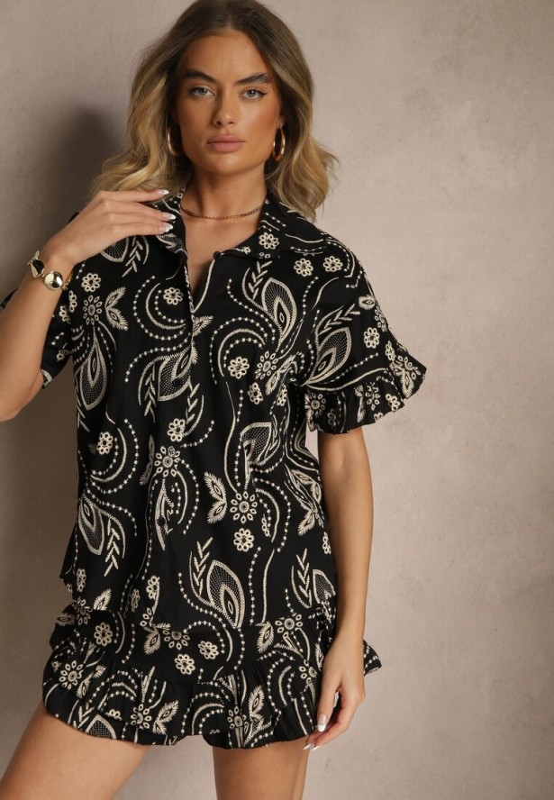 Czarny Komplet z Bawełny Spódnico-Szorty i Wiązana Koszula Redea