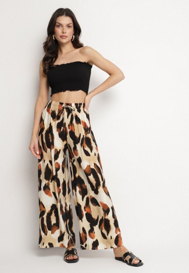 Beżowe Spodnie z Wiskozy o Szerokim Kroju z Wysokim Stanem w Panterkę Zelmara