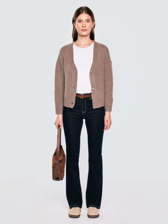 Kardigan damski z dodatkiem wełny brązowy Kardila 804