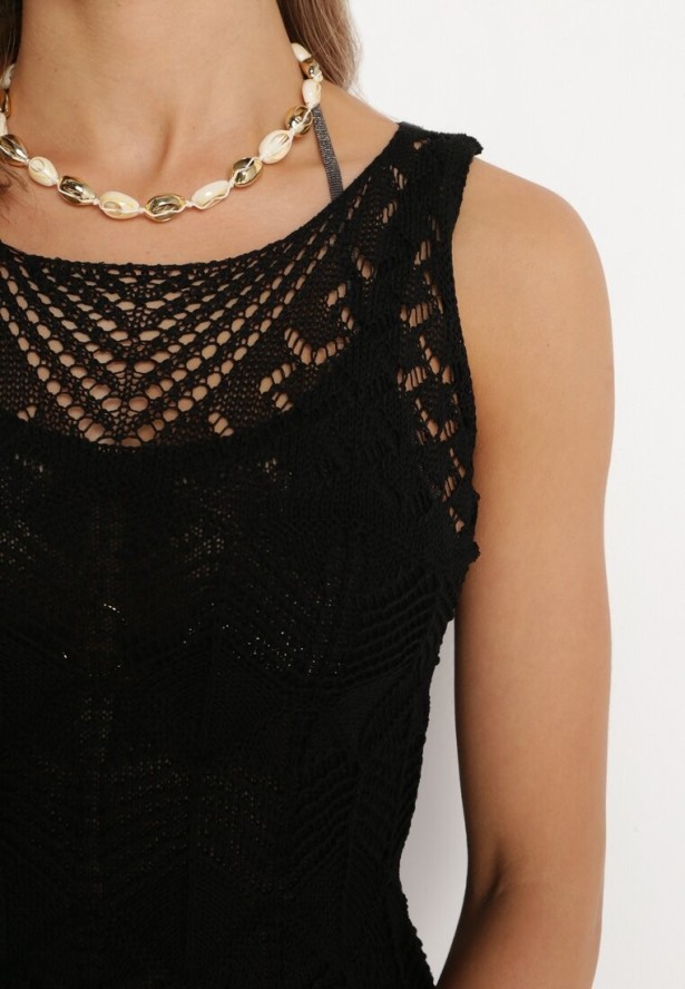 Czarna Sukienka Bodycon z Ażurowej Dzianiny z Halką w Komplecie Willowas