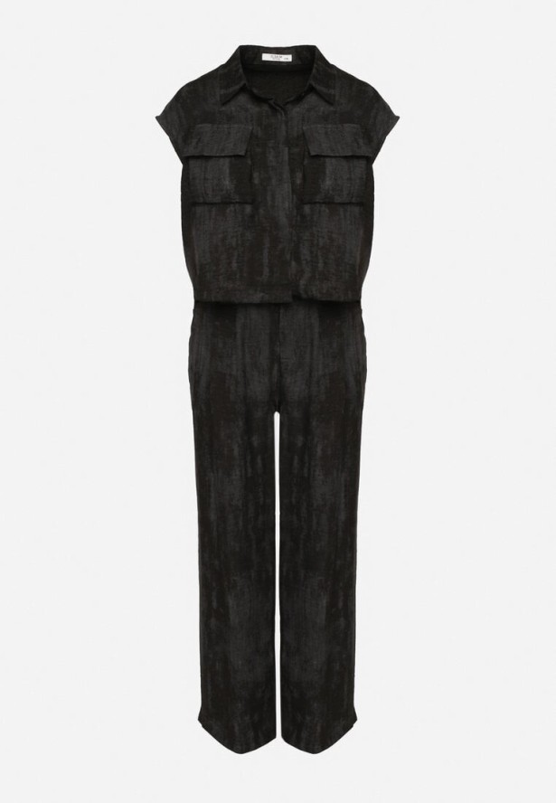 Czarny Komplet Koszula z Kieszeniami i Szerokie Spodnie Noltebis