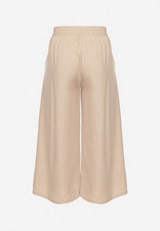 Beżowe Spodnie o Szerokim Kroju z Wysokim Stanem i Wiązaniem Telarieta