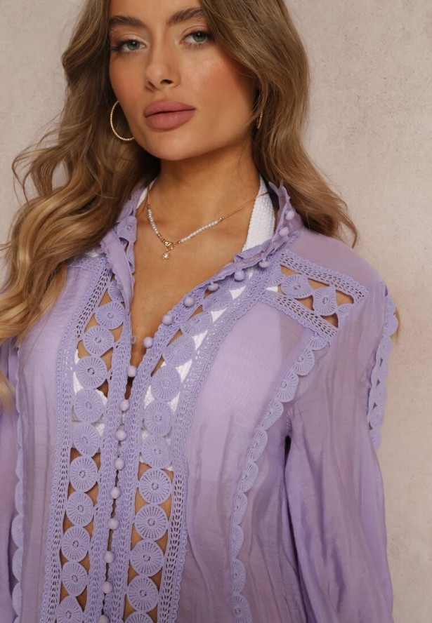 Fioletowa Koronkowa Tunika Pudełkowa z Falbaną Nawal