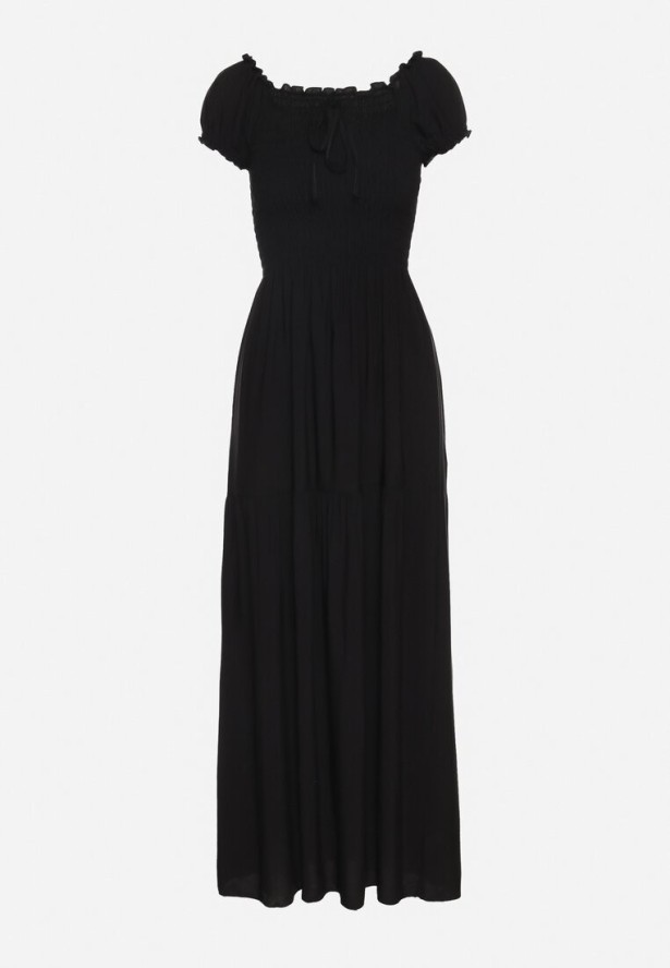 Czarna Wiskozowa Sukienka Hiszpanka z Marszczoną Górą Jenanira