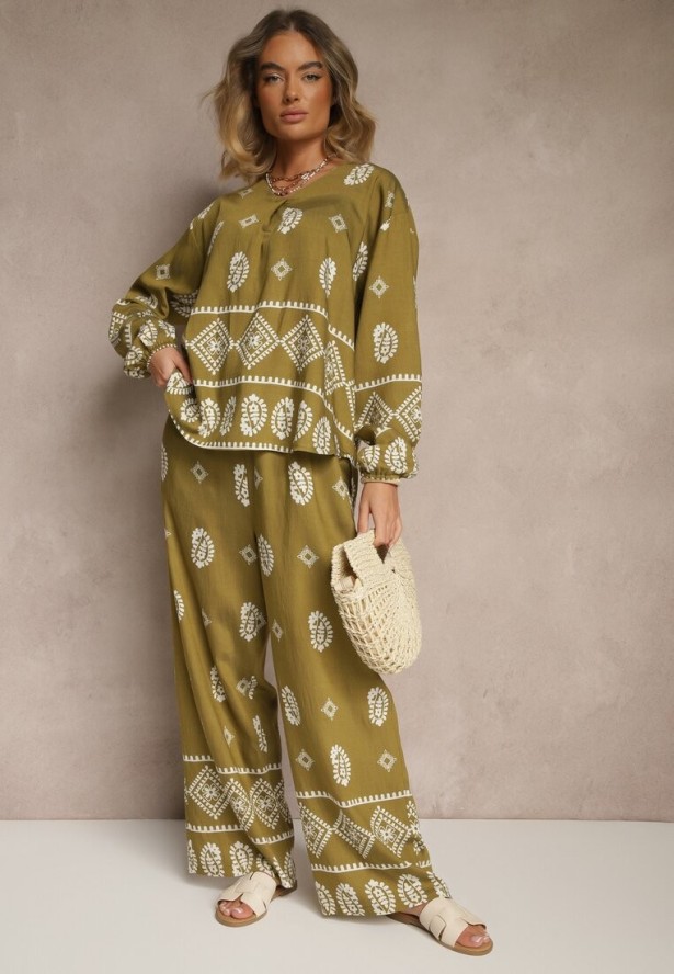 Ciemnozielony Komplet w Stylu Etno Spodnie z Gumką w Pasie i Bluzka Oversize Eviralyn