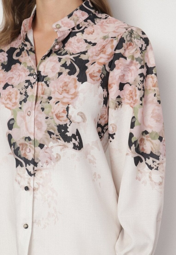 Beżowy Wiskozowy Komplet w Kwiatowy Wzór Koszula i Rozkloszowana Spódnica Belinoris