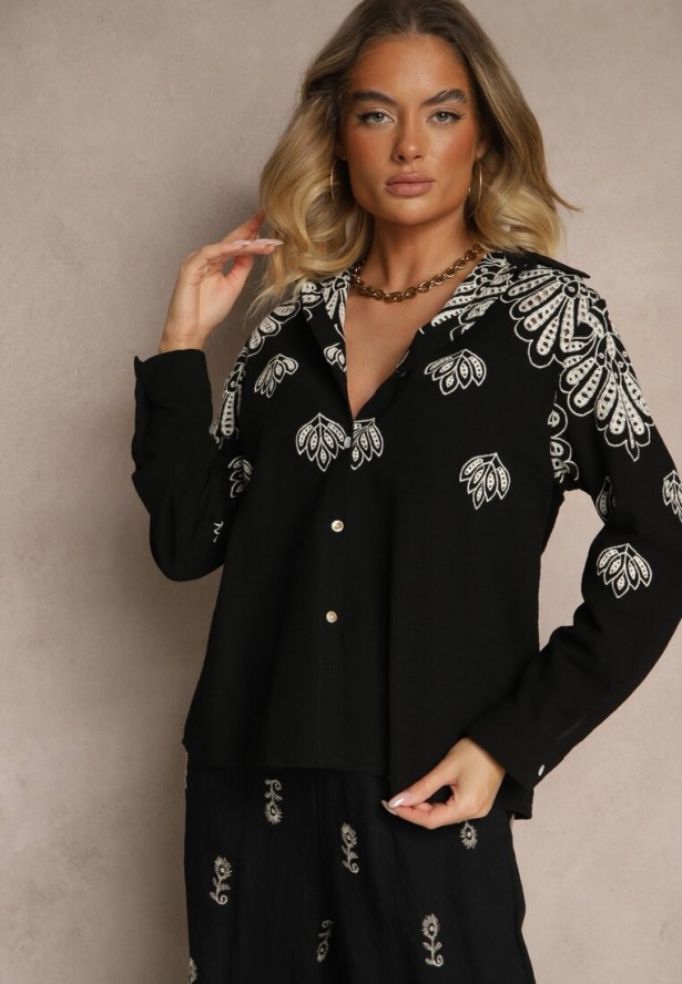 Czarna Koszula z Bawełny Zdobiona Haftem z Ażurowymi Wycięciami Nevorelle