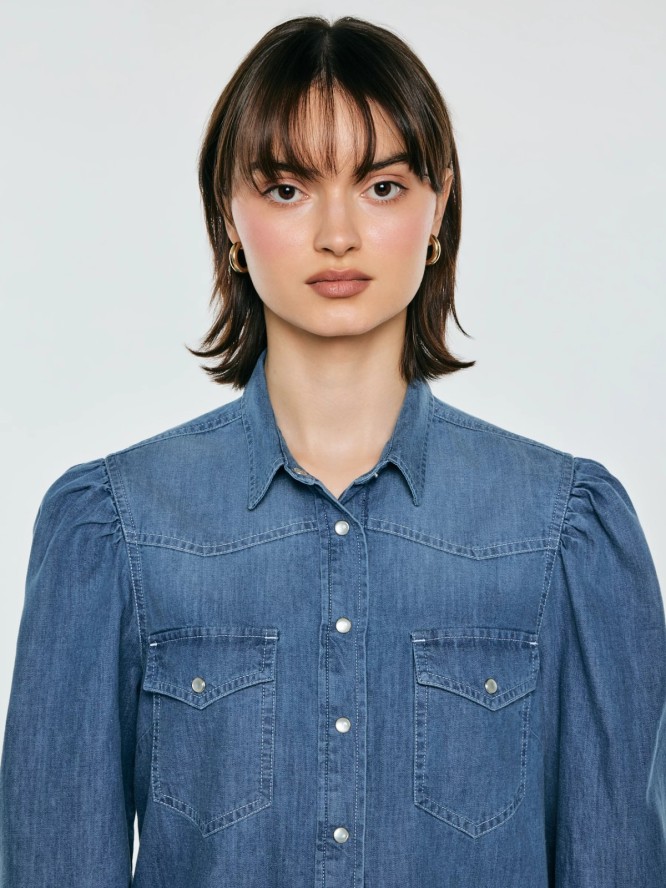 Koszula damska jeansowa z bufkami niebieska Indiana 164