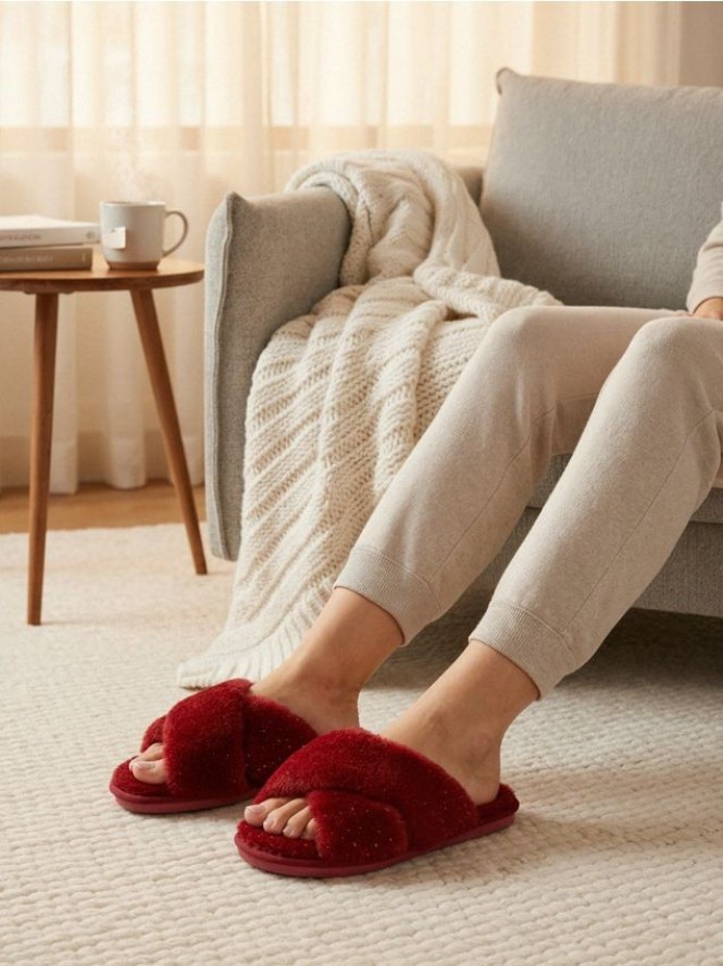 Kapcie z futerkiem - bordowy