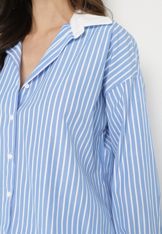 Niebieska Koszula w Paski o Kroju Oversize z Kontrastującymi Wstawkami Menestra
