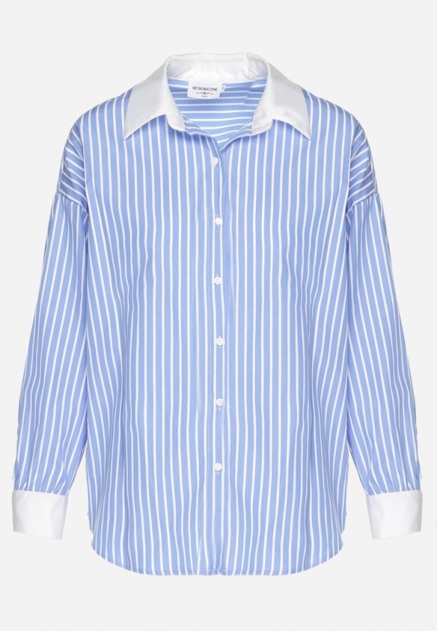 Niebieska Koszula w Paski o Kroju Oversize z Kontrastującymi Wstawkami Menestra