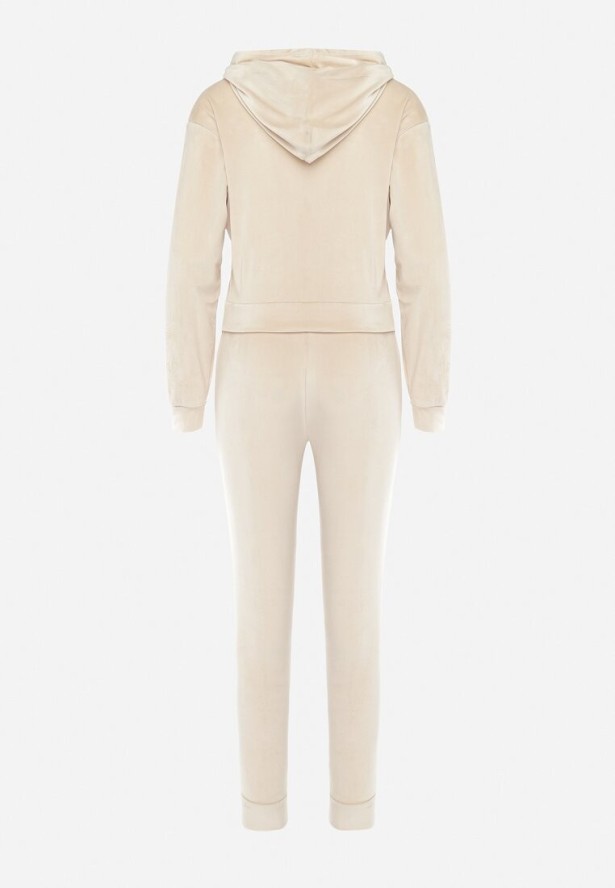 Beżowy Welurowy Komplet Dresowy Bluza z Kapturem i Spodnie Petyra