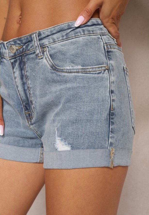 Niebieskie Szorty Jeansowe z Bawełny High Waist Ozdobione Przetarciami Lucibea