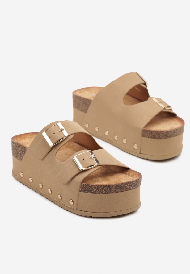 Ciemnobeżowe Klapki z Imitacji Zamszu z Paskami ze Sprzączkami na Platformie Tillitoma