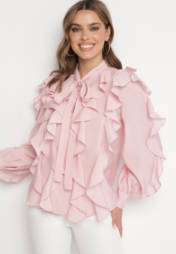 Różowa Koszula o Luźnym Kroju z Falbanami i Wiązaniem Ravionel