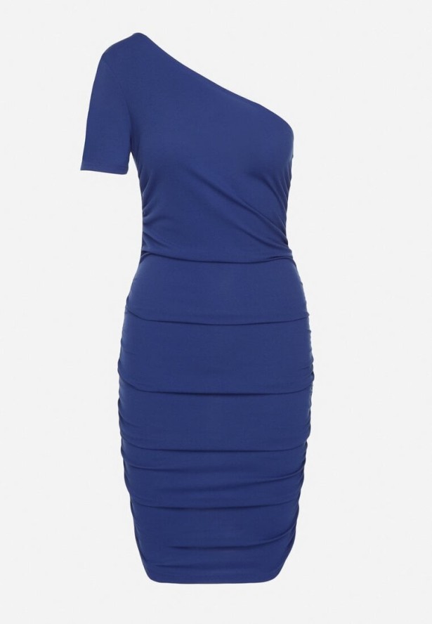 Niebieska Dopasowana Sukienka na Jedno Ramię Erllemia