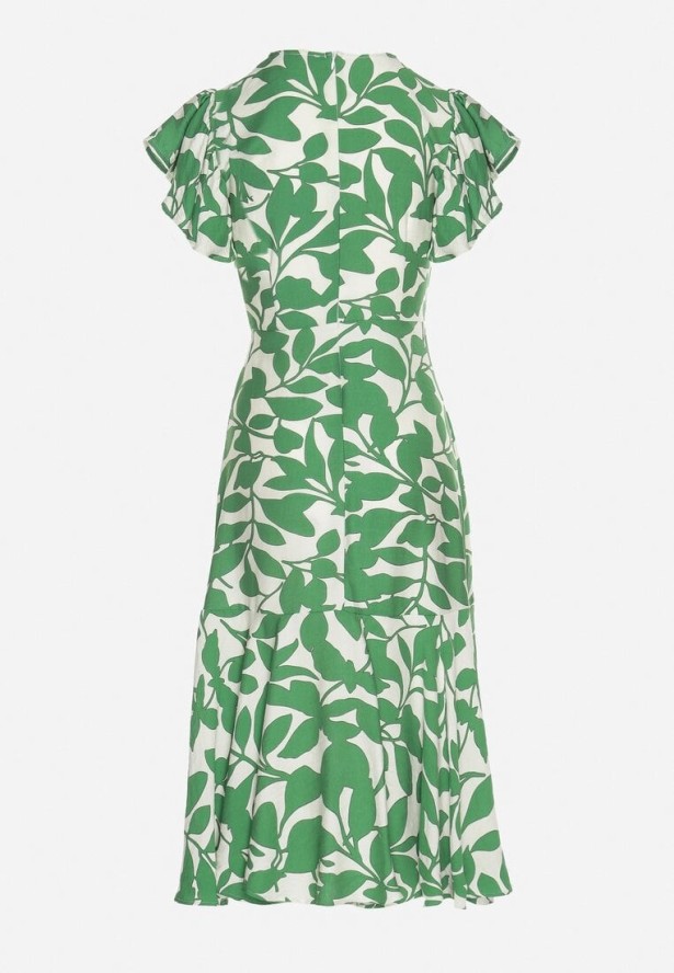Jasnozielona Rozkloszowana Sukienka z Wiązaniem w Roślinny Wzór Janitaie
