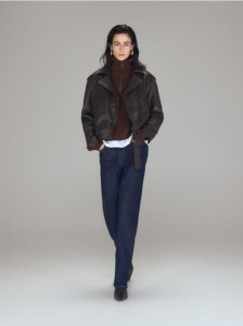 Skórzana kurtka typu biker - ciemnobrązowy